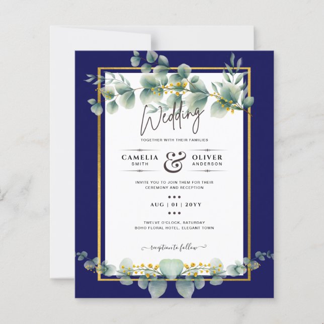 BUDGETEN NAVY GULD Eucalyptus Wedding bjudande QR  (Framsida)