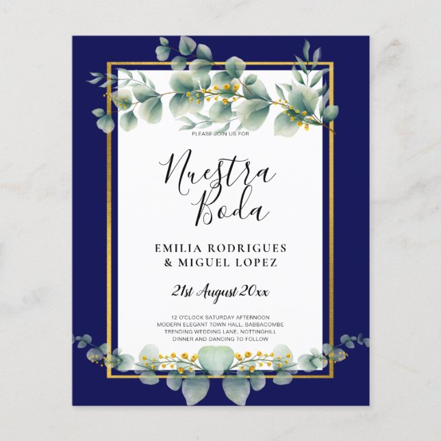 BUDGETEN NAVY GULD Eucalyptus Wedding bjudande QR  Flygblad (Framsidan)