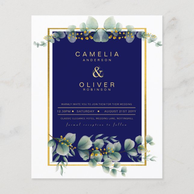 BUDGETEN NAVY GULD Eucalyptus Wedding bjudande QR  Flygblad (Framsidan)