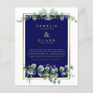 BUDGETEN NAVY GULD Eucalyptus Wedding bjudande QR Flygblad