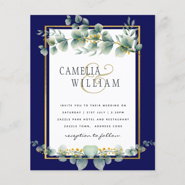 BUDGETEN NAVY GULD Eucalyptus Wedding bjudande QR  Flygblad (Framsidan)
