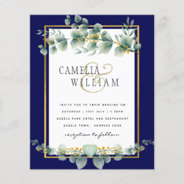 BUDGETEN NAVY GULD Eucalyptus Wedding bjudande QR  Flygblad