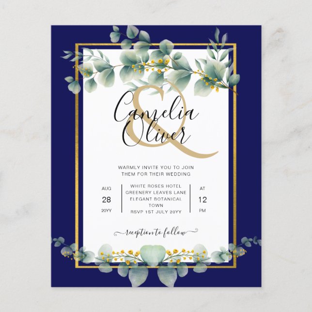 BUDGETEN NAVY GULD Eucalyptus Wedding bjudande QR  Flygblad (Framsidan)
