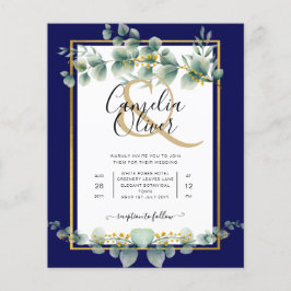 BUDGETEN NAVY GULD Eucalyptus Wedding bjudande QR  Flygblad