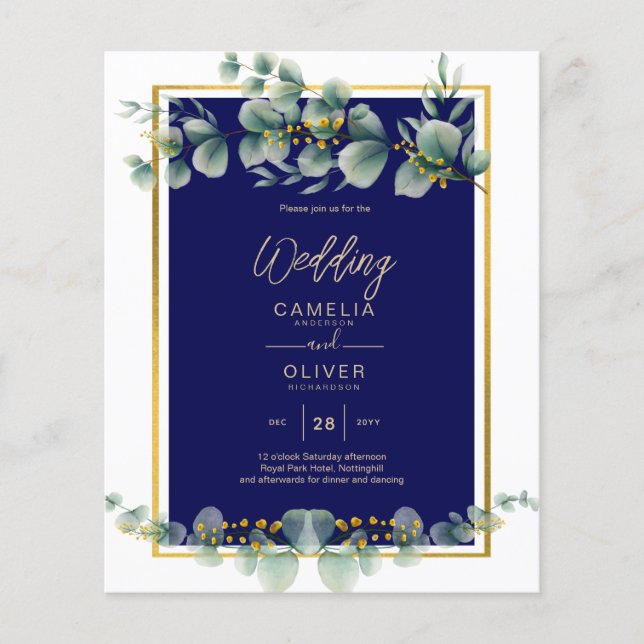BUDGETEN NAVY GULD Eucalyptus Wedding bjudande QR  Flygblad (Framsidan)