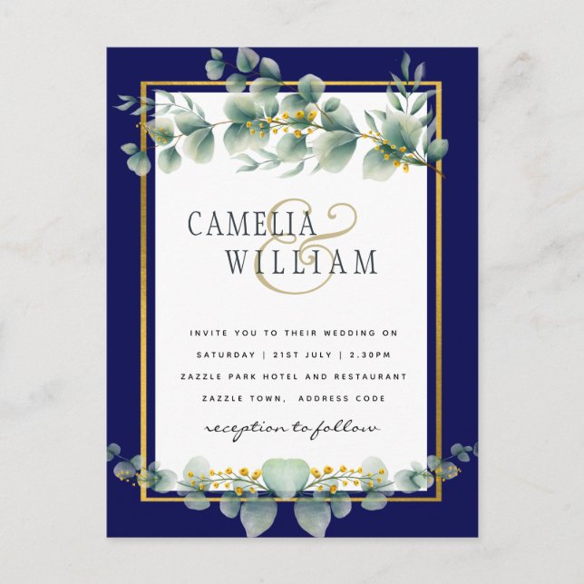 BUDGETEN NAVY GULD Eucalyptus Wedding bjudande QR  Vykort (Framsida)