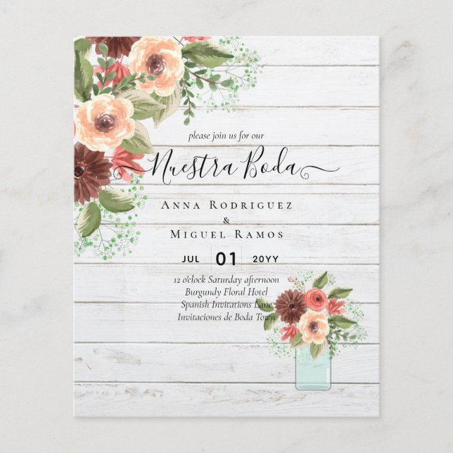 BUDGETEN Nuestra BODA Burgundy Blommigt Fall Wedas Flygblad (Framsidan)