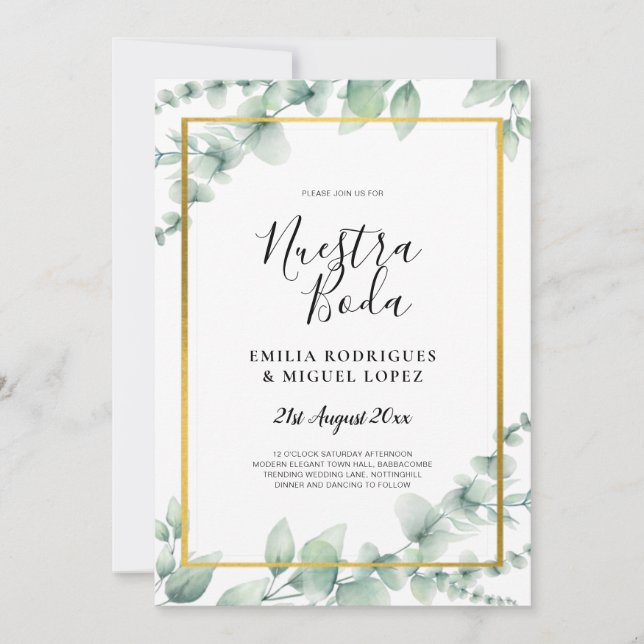 BUDGETEN NUESTRA BODA Eucalyptus GULD QR CODE Flye Inbjudningar (Framsida)