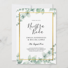 BUDGETEN NUESTRA BODA Eucalyptus GULD QR CODE Flye Inbjudningar
