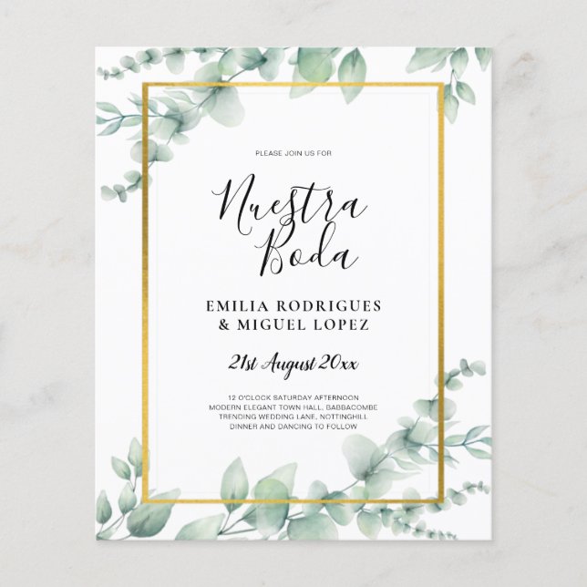 BUDGETEN NUESTRA BODA Eucalyptus GULD QR CODE Flygblad (Framsidan)