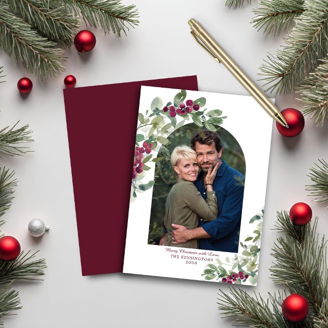 BUDGETEN PAPPERT Burgundy Greenery Arch-julkort Flygblad (BUDGET PAPER Burgundy Greenery Arch Christmas Card)