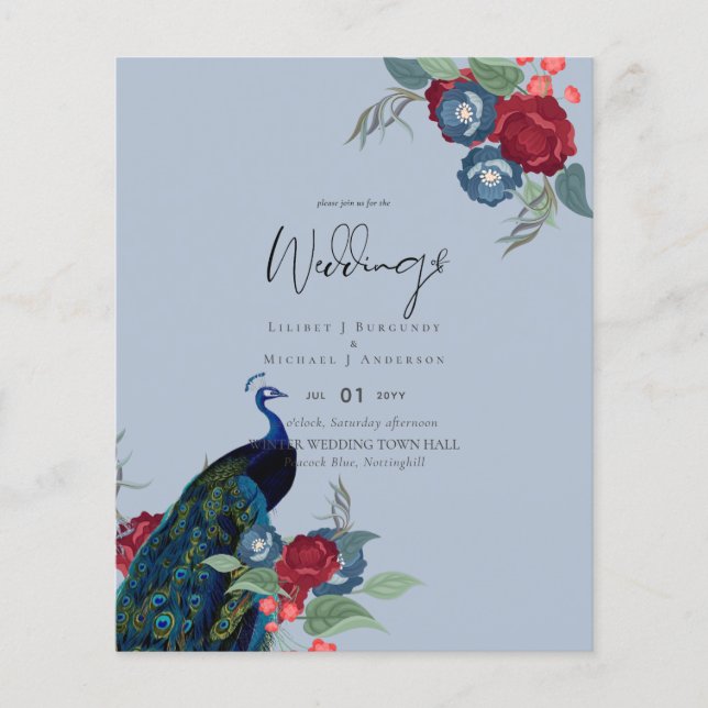 BUDGETEN Peacock Blue Burgundy Winter Fall bröllop Flygblad (Framsidan)