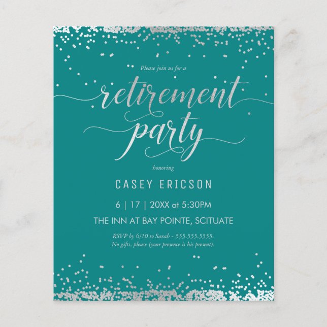 Budgeten Pension Party Inbjudan - Silver, Teal Flygblad (Framsidan)