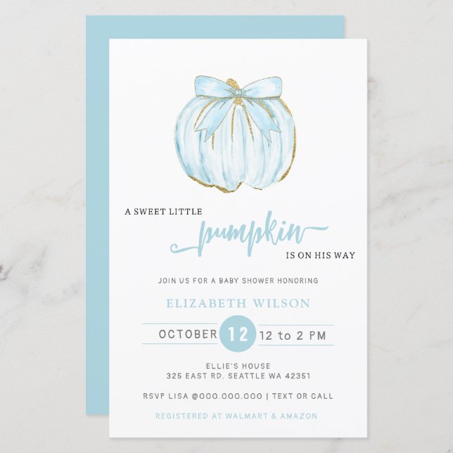 Budgeten Pumpkin Blue Bow Boy Shower Inbjudan (Fram/baksida)