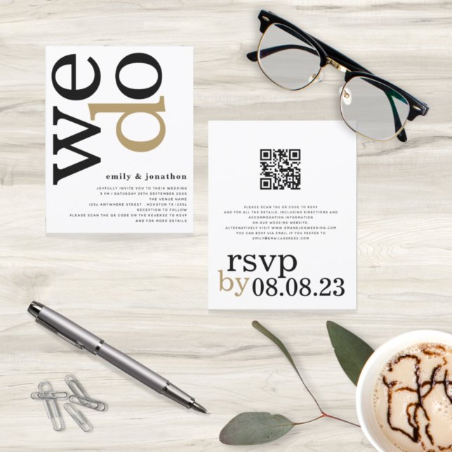 BUDGETEN QR-kod Guld Black White Wedding bjudande  (Skapare uppladdad)