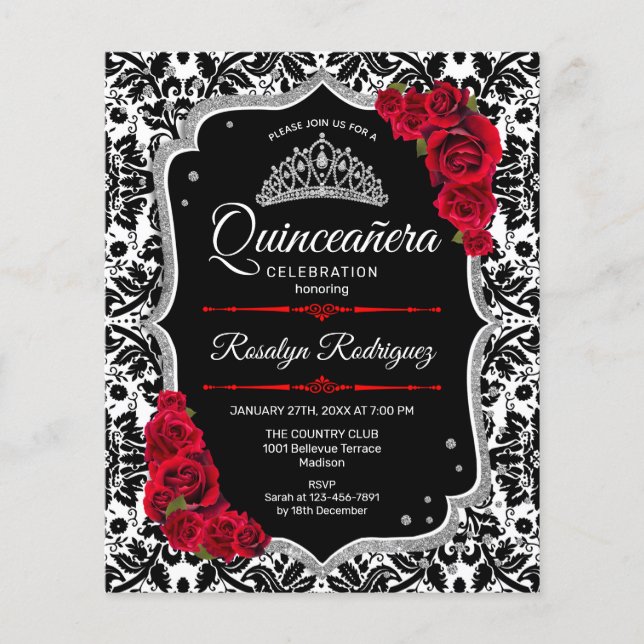 Budgeten Quinceanera - Black Red Silver Inbjudan Flygblad (Framsidan)