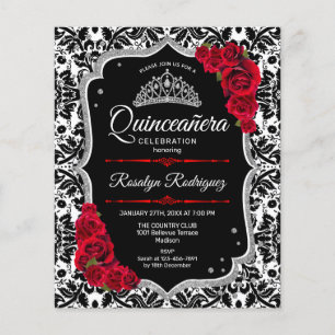Budgeten Quinceanera - Black Red Silver Inbjudan Flygblad