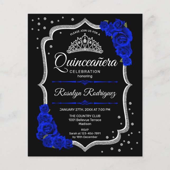 Budgeten Quinceanera Black Silver Royal Blue Inbju Flygblad (Framsidan)