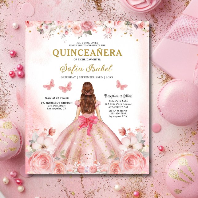 Budgeten Quinceañera  Blommigten Rosa ros Flygblad (Skapare uppladdad)