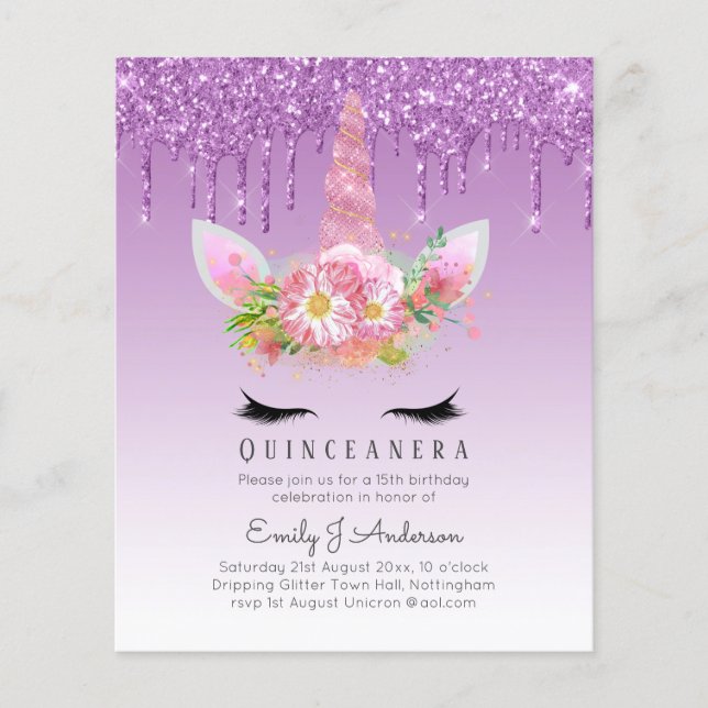 BUDGETEN Quinceanera Glitter Unicorn Anicorn Winge Flygblad (Framsidan)