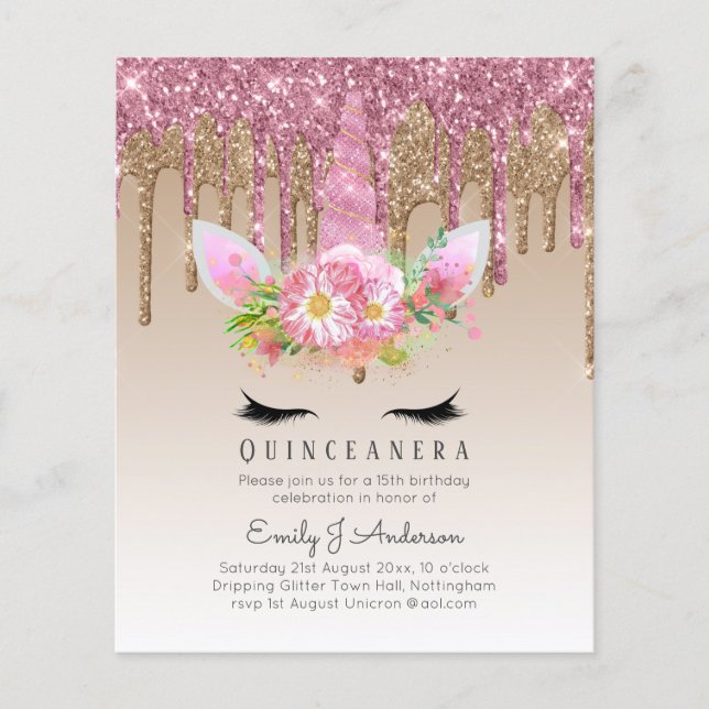 BUDGETEN Quinceanera Glitter Unicorn Anicorn Winge Flygblad (Framsidan)