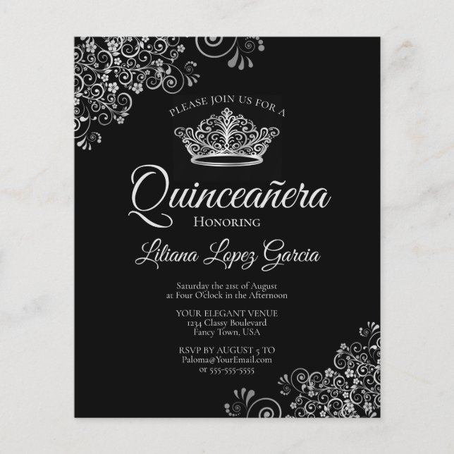 BUDGETEN Quinceañera-inbjudan finare Silver & Blac (Framsida)