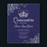 BUDGETEN Quinceañera-inbjudan till finare Silver &<br><div class="desc">Dessa prisvärda, budgetvänliga Quinceañera-inbjudningar är perfektens val för klass, stil och skönhet i en budget. Utformningen har en djup marin eller midnattsblå färgad med silver krona och ornate silver grått-kurser och snurrar i hörnen. I typografin ingår finare-skriptbokstäver för ett stil som är enkelt och elegant vid gång. Ett underbart sätt...</div>