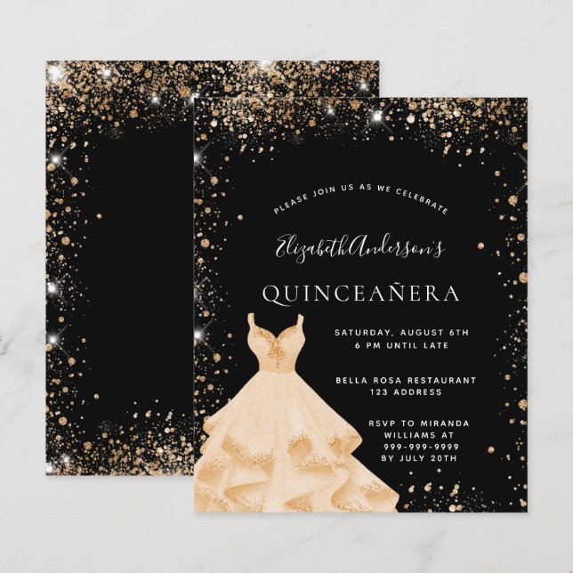 Budgeten Quinceanera party svarta guld glitter-klä (Fram/baksida)