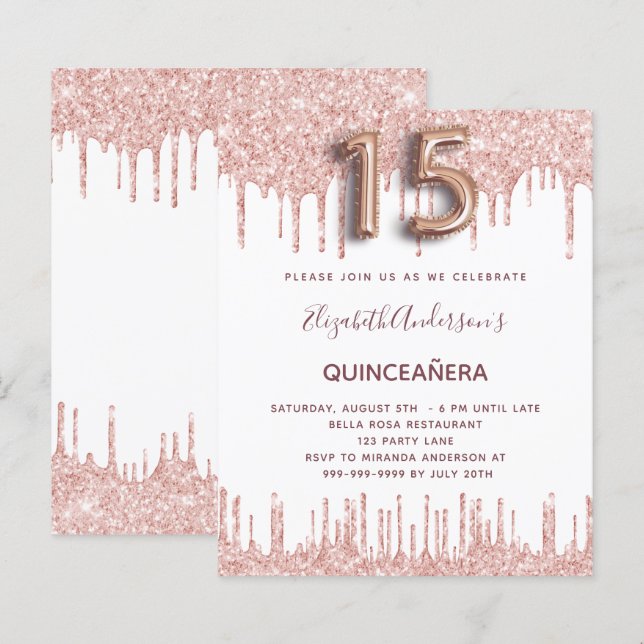Budgeten Quinceanera ro guld glitter droppar rosa (Fram/baksida)