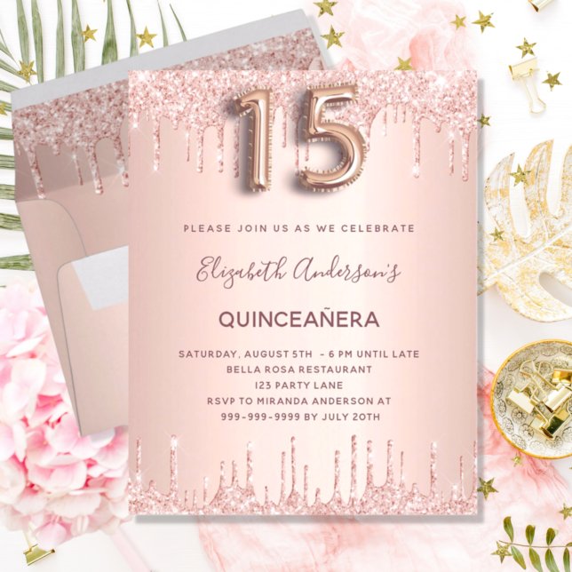 BUDGETEN Quinceanera ro guld glitter droppar rosa (Skapare uppladdad)