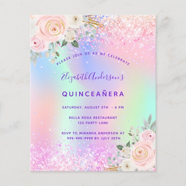 Budgeten Quinceanera rosa lila glitter blommigt (Framsida)