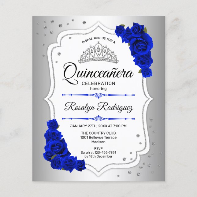 Budgeten Quinceanera Silver White Royal Blue Inbju Flygblad (Framsidan)