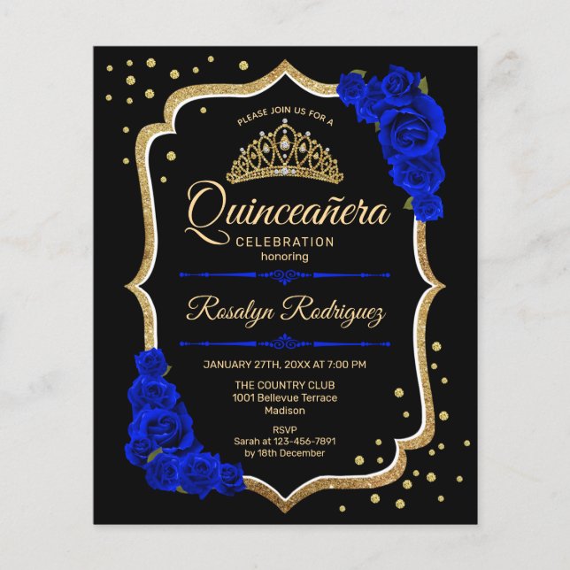 Budgeten Quinceanera - Svarta Guld-Royalet Blue In Flygblad (Framsidan)