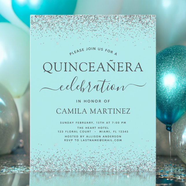 Budgeten Quinceanera Teal Blue Silver Glitter (Skapare uppladdad)
