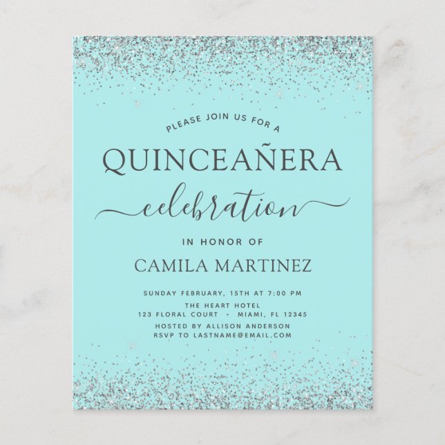 Budgeten Quinceanera Teal Blue Silver Glitter Flygblad (Framsidan)