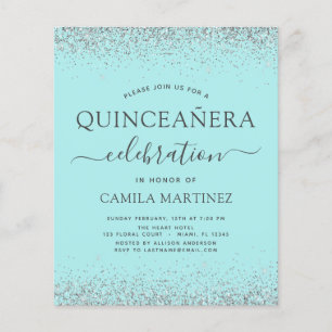 Budgeten Quinceanera Teal Blue Silver Glitter Flygblad