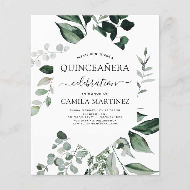 Budgeten Quinceanera Vår Botanical Grey Flygblad (Framsidan)