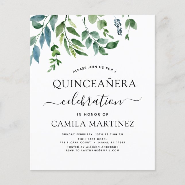 Budgeten Quinceanera Vår Botanical Grey Flygblad (Framsidan)