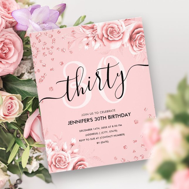 Budgeten Ro Guld Blommigt Glitter 30års födelsedag Flygblad (Budget Rose Gold Floral Glitter 30th Birthday Flyer)