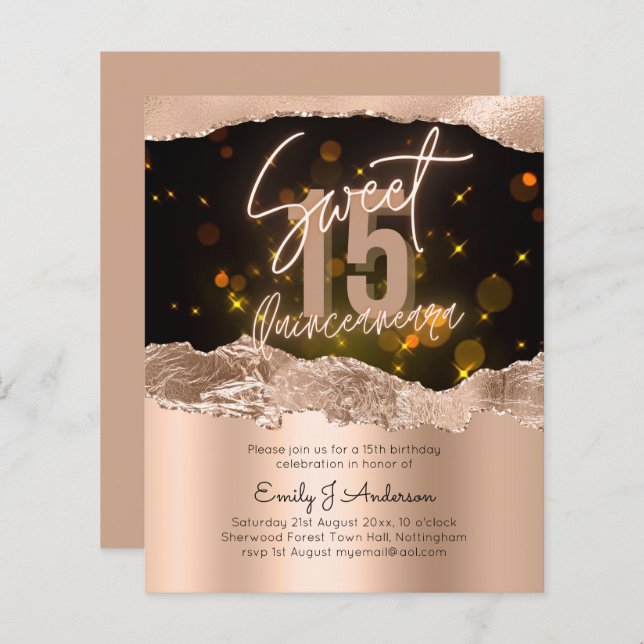 BUDGETEN Ro Guld Foil Glitter Quinceanera 15:e (Fram/baksida)