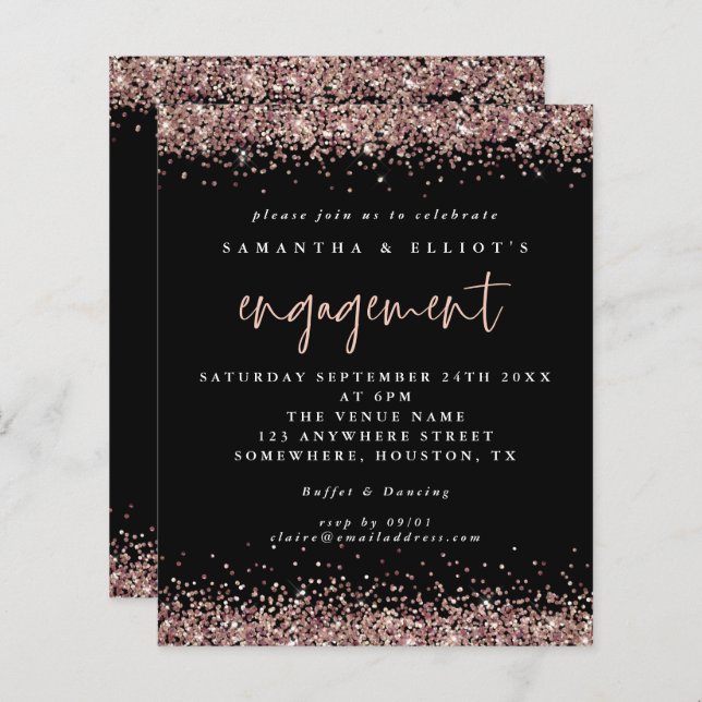Budgeten Ro Guld Glitter Förlovning Svarta Inbjuda (Fram/baksida)