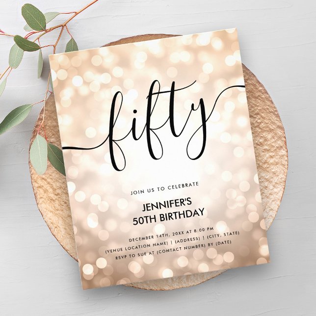 BUDGETEN Ro Guld Glitter Ljus 50:e födelsedag Flygblad (BUDGET Rose Gold Glitter Lights 50th Birthday Flyer)