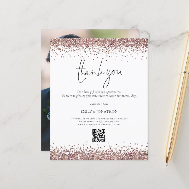 Budgeten Ro Guld Glitter QR-koden Bröllop Tack (Fram/Back In Situ)