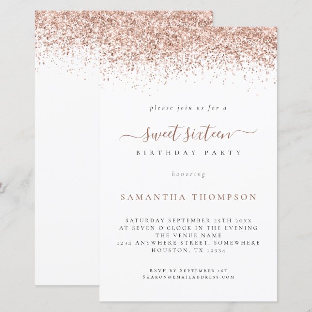 Budgeten Ro Guld Glitter Sweet 16 Birthday Inbjuda (Fram/baksida)