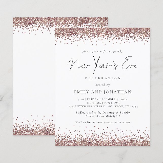 Budgeten Ro Guld Nyårsafton Glitter Party Invit (Fram/baksida)