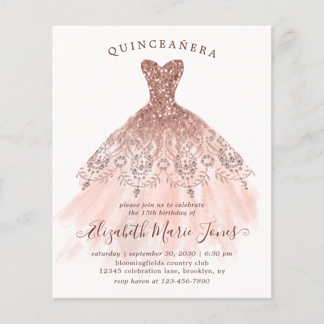Budgeten Ro Guld Rosa Dress QUINCEAÑERA Birthday (Framsida)