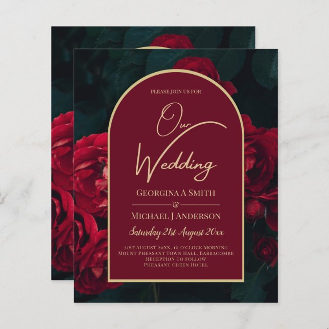 BUDGETEN Röd ros ForestGreen Winter Wedand INBJUDA (Fram/baksida)