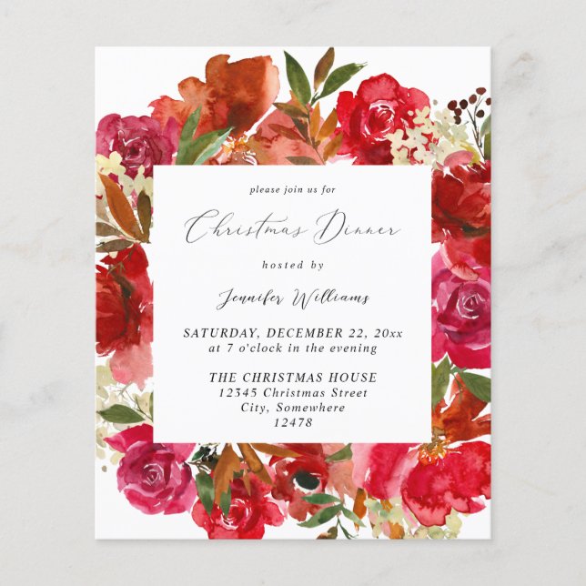 Budgeten Röd ros & White Blommigt, julmiddag Flygblad (Framsidan)
