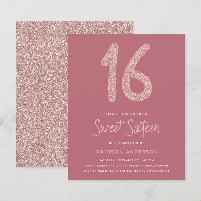 BUDGETEN Rosa Glitter Sweet 16-inbjudan (Fram/baksida)