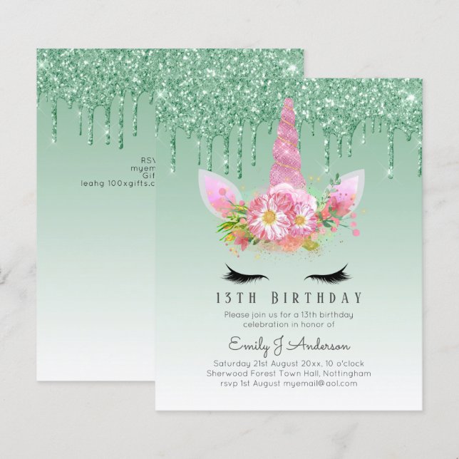 BUDGETEN Rosa Glitter Unicorn Girls Birthday Inbju (Fram/baksida)